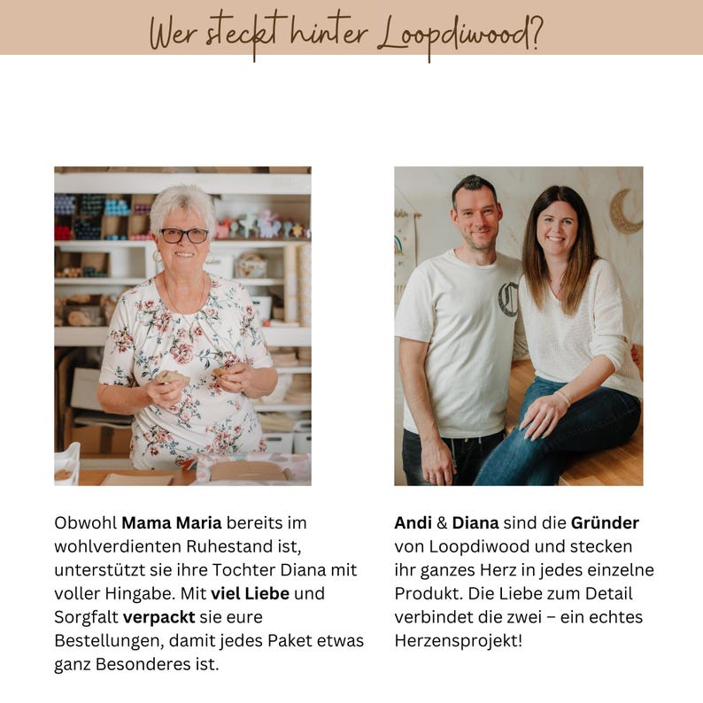 Pode incluir: Um gr&aacute;fico com o texto 'Wer steckt hinter Loopdiwood?' acima de duas fotos. A foto da esquerda mostra uma pessoa de cabelo branco curto com uma blusa floral. A foto da direita mostra duas pessoas, uma de t-shirt e outra de camisola branca.