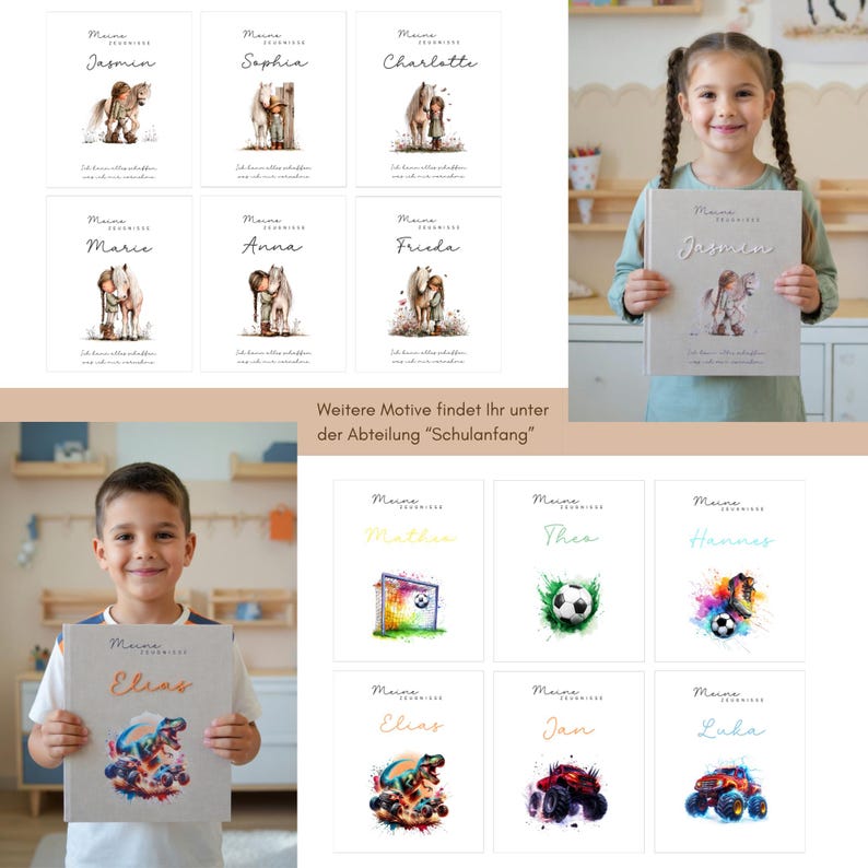 Pode incluir: Uma cole&ccedil;&atilde;o de livros de capa dura personalizados intitulados Meine Zeugnisse com v&aacute;rias ilustra&ccedil;&otilde;es, incluindo cavalos, bolas de futebol e monster trucks. Cada capa exibe o nome de uma crian&ccedil;a em cursivo e uma frase motivacional em alem&atilde;o.