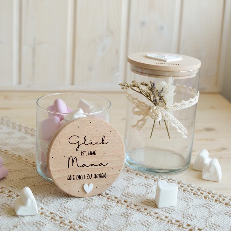 Personalized glass storage jar with wooden lid, available in two sizes: 530 ml & 880 ml | Wedding gift for the newlyweds image 8