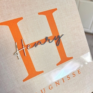 Pode incluir: Uma superf&iacute;cie bege texturizada com uma letra H grande, em negrito e cor de laranja. Sobreposta &agrave; letra est&aacute; o nome Henry em escrita cursiva cinzento-escura. Abaixo da letra H, o texto parcial UGNISSE est&aacute; impresso em laranja numa tira transparente.