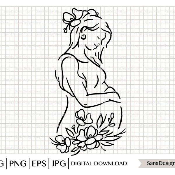 Pregnant Woman with Flowers SVG, Pregnancy svg, Maternity svg, Pregnancy art, Female Body Line Art, Female svg, Motherhood svg, New mom svg