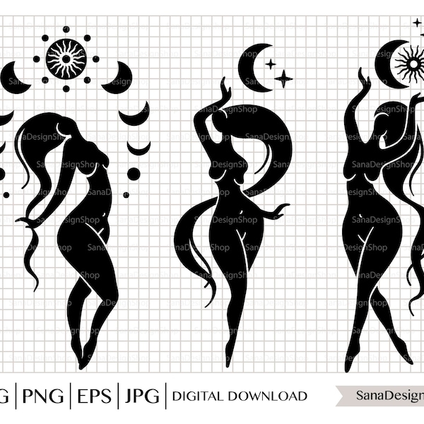 Mystical woman SVG, Goddess art print, Moonchild SVG, Celestial women PNG clipart, Female figure print, Magical woman, Mystical wall art