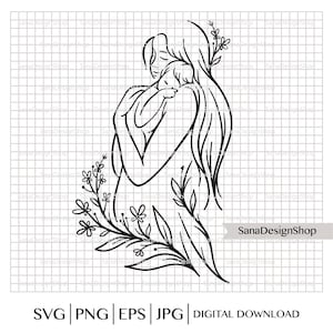 ママと赤ちゃん svg、花柄ママ svg、ママと赤ちゃんの線画、ママと私 svg、女性の線画、母の日 svg、ママライフ svg