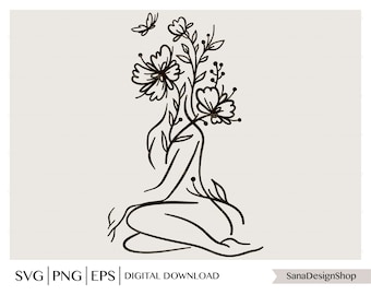 Flower Woman Line Art SVG: Floral Head Clipart (Digital Download)