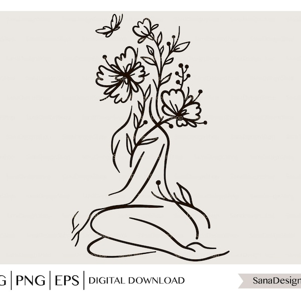 Woman with flower head svg, Flower Woman svg,Flowers svg,Woman Body Svg,Line art woman body,Female Body Line Art,Woman clipart,Svg cut files