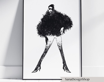 Ilustración de moda impresa: Arte femenino moderno en blanco y negro (descarga JPG)