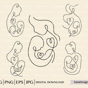 母親と子供の線画、バンドル、ママと赤ちゃんのアウトライン、細い線の母親の SVG、新生児の SVG、母の日 SVG、線デジタル ファイル、PNG