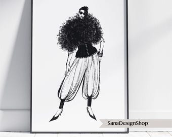 Impresión de boceto de moda: Ilustración de mujer en blanco y negro (descarga JPG)