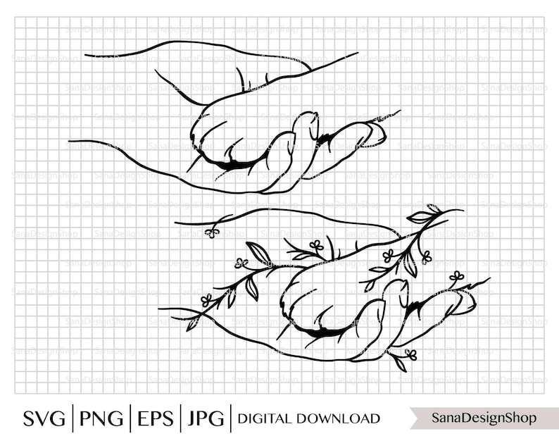 Pode incluir: Ilustra&ccedil;&atilde;o a preto e branco de duas m&atilde;os, uma a conchar a outra. A m&atilde;o inferior segura raminhos de folhas e flores. A imagem inclui o texto "SVG | PNG | EPS | JPG | DOWNLOAD DIGITAL" e o nome da loja "SanaDesignShop".