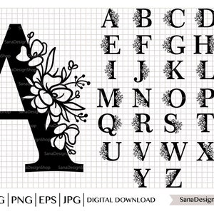 Flower alphabet, Alphabet bundle, Floral letters svg, Floral monogram svg, Botanical alphabet Cut File, Botanical alphabet svg, Letters svg