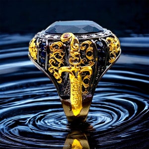 Sword Ring, Natural Aventurin Star Midnight Blue Stone Ring Adjustable Ottoman Jewelry oval gift for ,islam yüzük,حلقة,halqa image 2