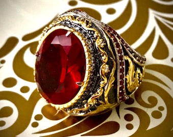 Baroque Garnet Stone Ring: Gold Plated 925 Sterling Silver Men&#39;s Ring