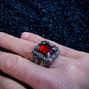 Gothic Style Men Ring, Original Swarovski Red Stone, Embroidered ...