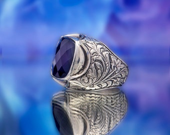 Amethyst Gemstone Ring for Men, 925 Sterling Silver Ring, Purple Color, Turkish Handcraft Rings, Square cut style, Unique Men's Ring