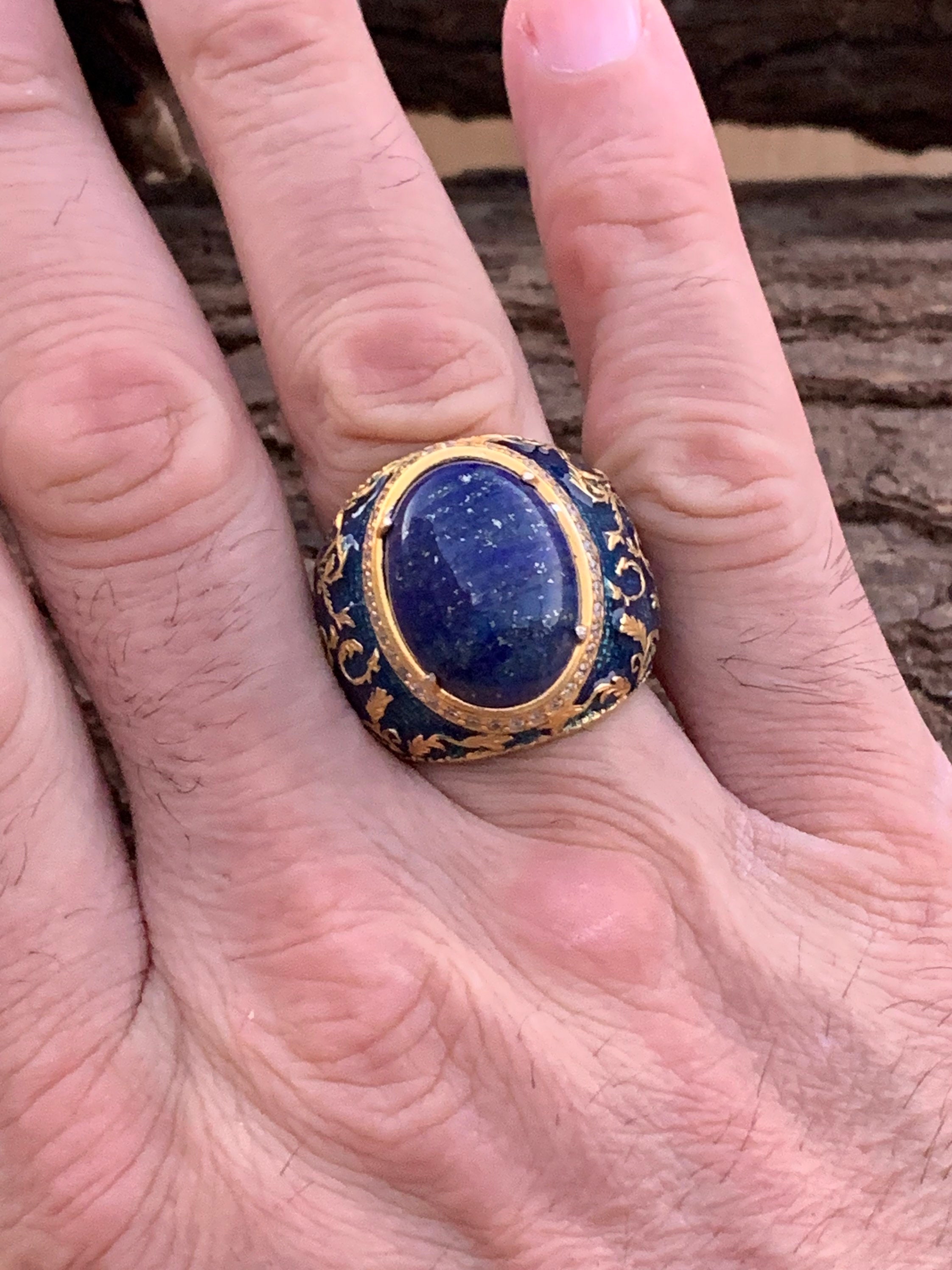 刻印入りラピスラズリリング：925スターリングシルバー、ネイビー