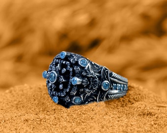 Aquamarine Stone Men&#39;s Ring: Star Zircon, 925 Sterling Silver
