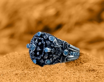 Exclusive Design, Blue Color Aquamarine Stone, Star Zircon Embroidery, 925 Sterling Silver, Stylish Motif, Turkish Crafts Men's Ring