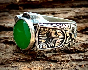 Engraved ring, Emerald gemstones, Jewelry ring, Natural stones, Green gemstones, Men ring, Gift men ring, Christmas gift, New year gift