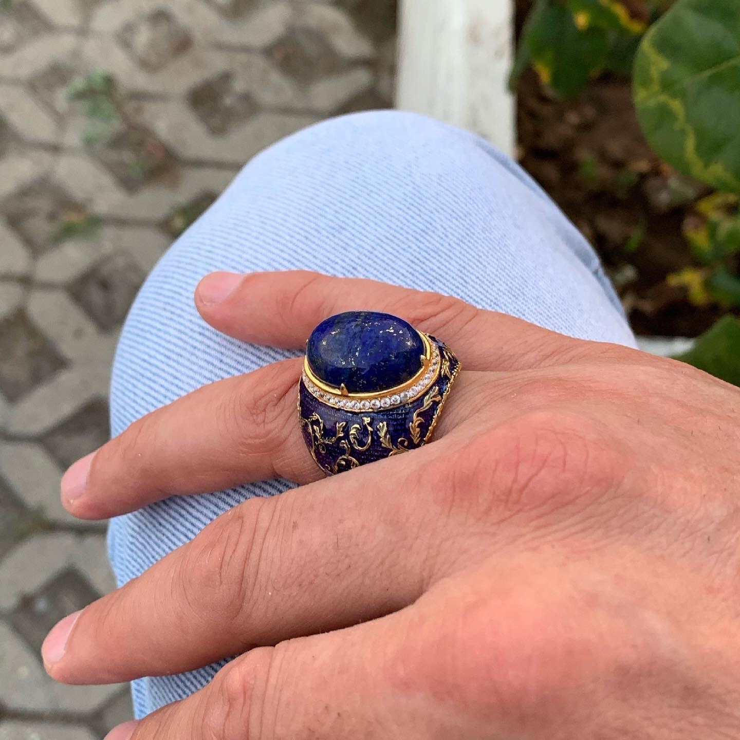 刻印入りラピスラズリリング：925スターリングシルバー、ネイビー