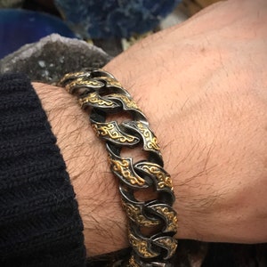 Sterling Silver Mens Bracelet: Gold Baroque Carving, Turkish Art Deco Chain