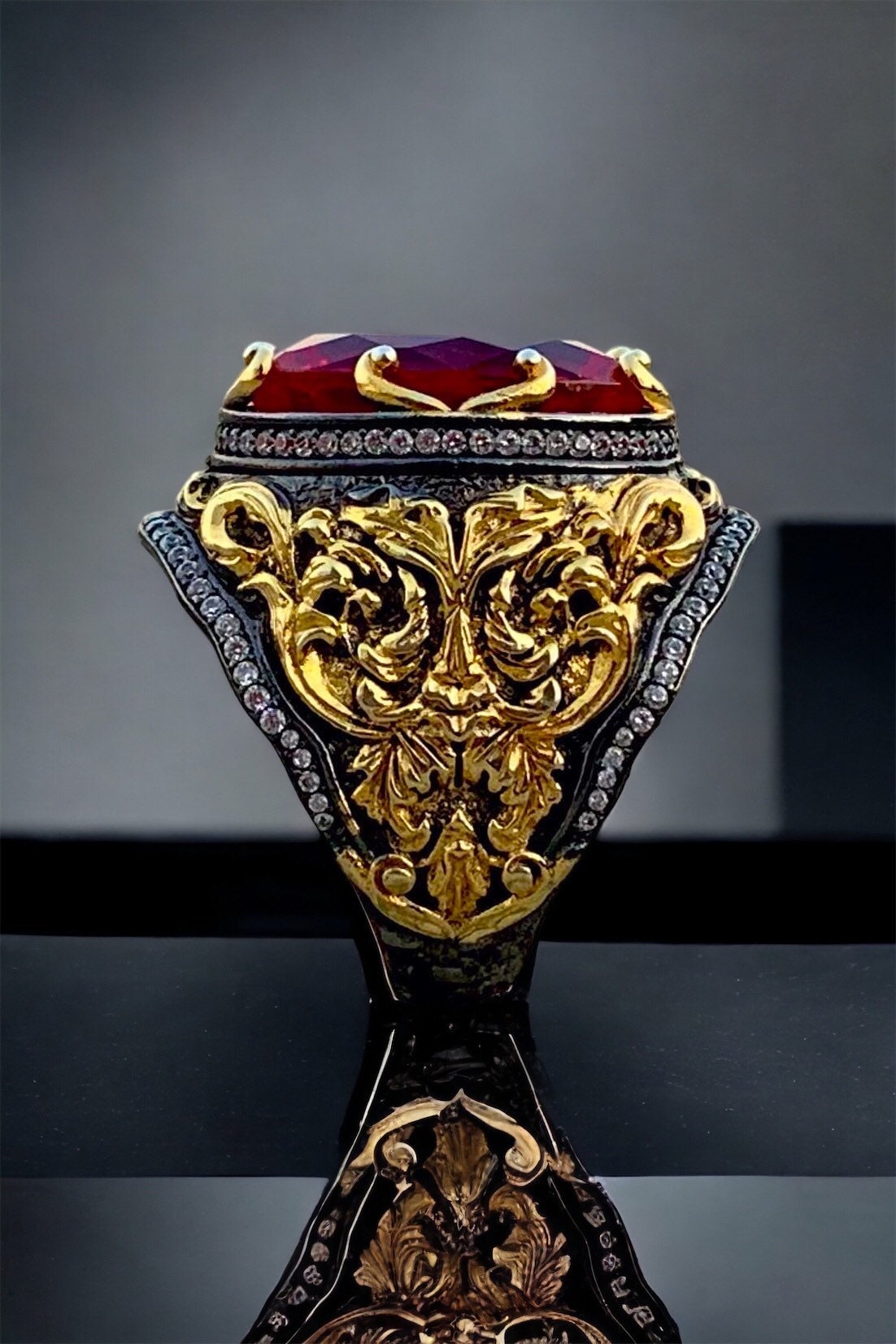 Rococo Style,baroque Ornate, Oval Red Stones Ring, 925