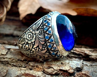 Blue Stones Men Ring, Engraving Ring, Ultramarine Oval Stones, Gift For Men, 925 Silver, Gift For Him, Christmas gift, New year gift