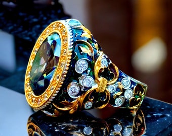Mystic Topaz gemstones ring, Natural stones, Engraved ring, Enamel  ring, Gold plated ring, Gift men ring, Christmas gift, New year gift