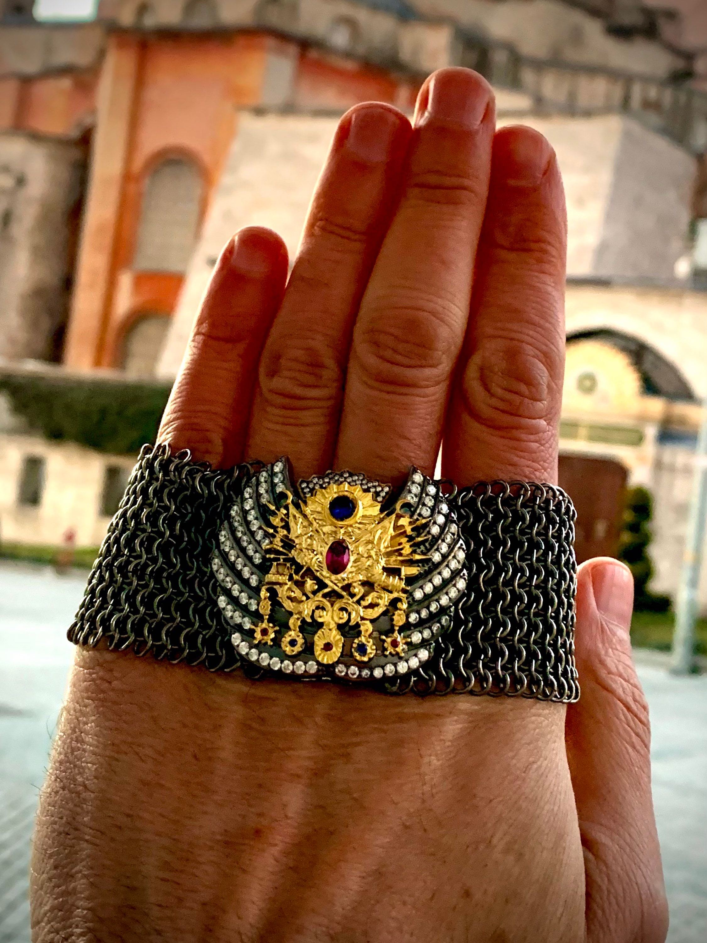 Ottoman Imperial Coat of Arms Bracelet: Gold Plated 925 Sterling Silver Armor