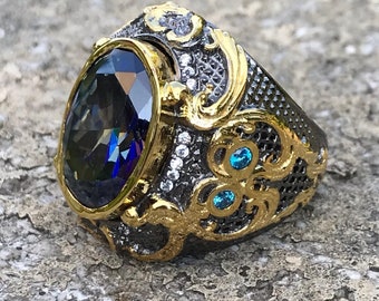 Engraved Mystic Topaz Ring: Baroque Carved Rhodium Jewelry