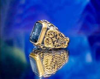 Handmade Aquamarine Sterling Silver Ring: Gold Gilded Baroque Art