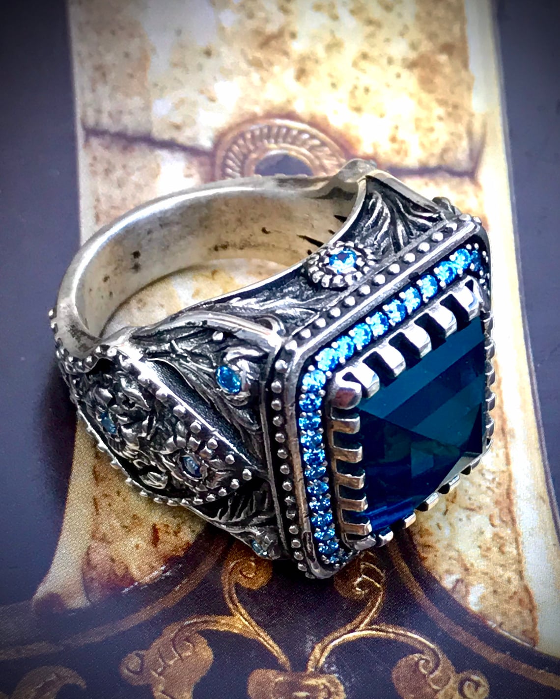 Blue Stone Mens Ring, Turkish Handmade Mens Ring, Ottoman Ring
