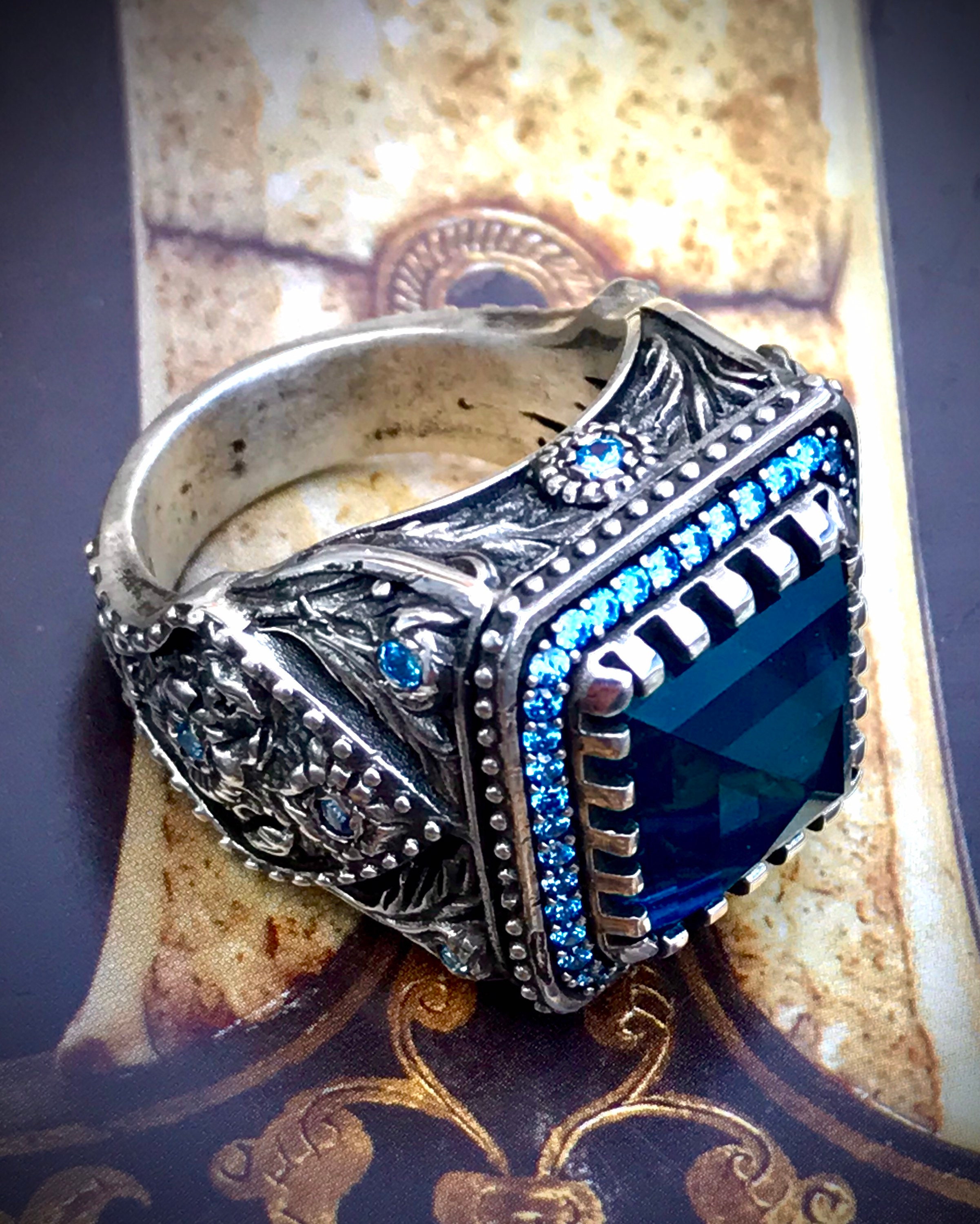 Blue Stone Mens Ring, Turkish Handmade Mens Ring, Ottoman Ring