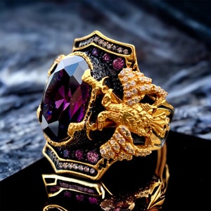 Double headed eagle, sword ring, amethyst stones, eagle men ring, warrior ring, gold plated, crossed double sword, eagle