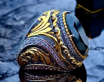 Onyx Gemstone Ring: Rococo Baroque 24K Gold Plated 925 Sterling Silver