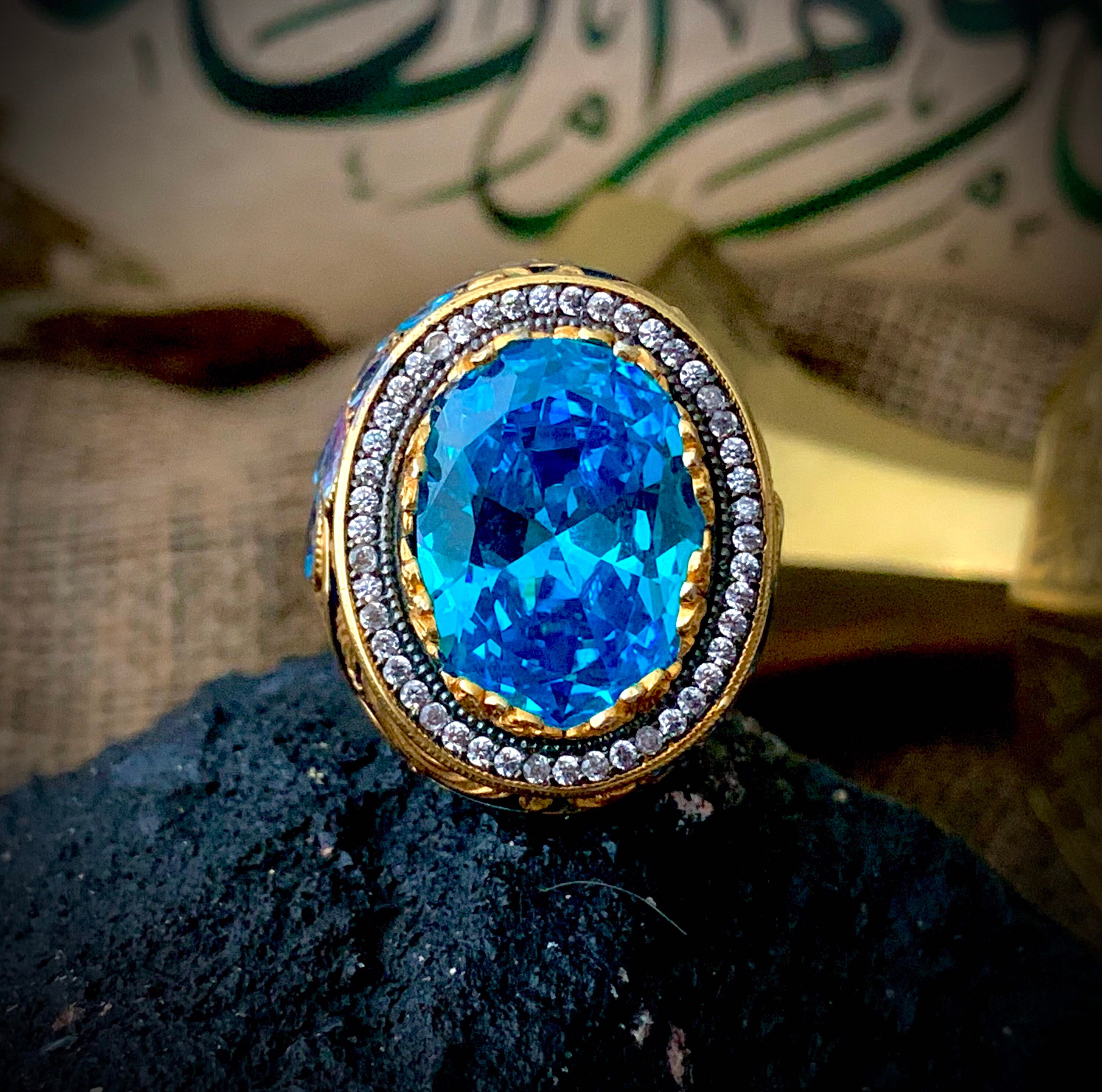 Aquamarine Stone Men Ring, Blue Enamel Men Ring, Baroque Hand Carved
