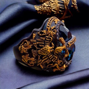 Double Headed Eagle, Blue Topaz Stone Ring, Sword Ring, Hand Carved, men&#39;s jewelry, Gold Plated, gift for man, 925k silver ring