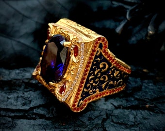 Enamel Signet Ring for Men, Sterling Silver, Tanzanite Ring, Engraved Navy Blue Enamel Ring 925 Silver, Enamel Ring Mens, Gift for Men