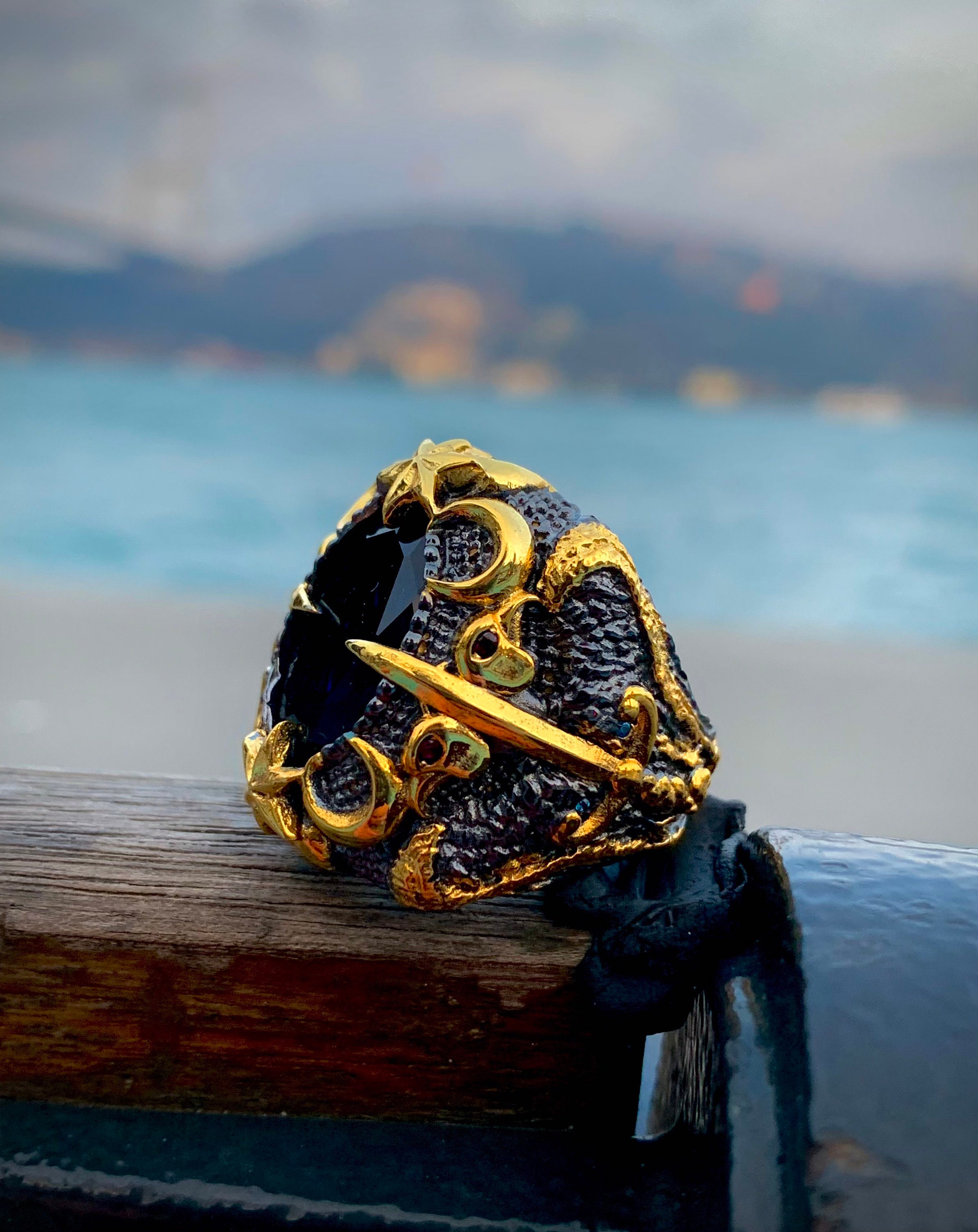Handmade Double Headed Eagle Ring: Aquamarine, Sword, 925 Silver