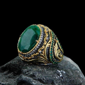 Mens Emerald Signet Ring: 925 Sterling Silver, Gold Plated