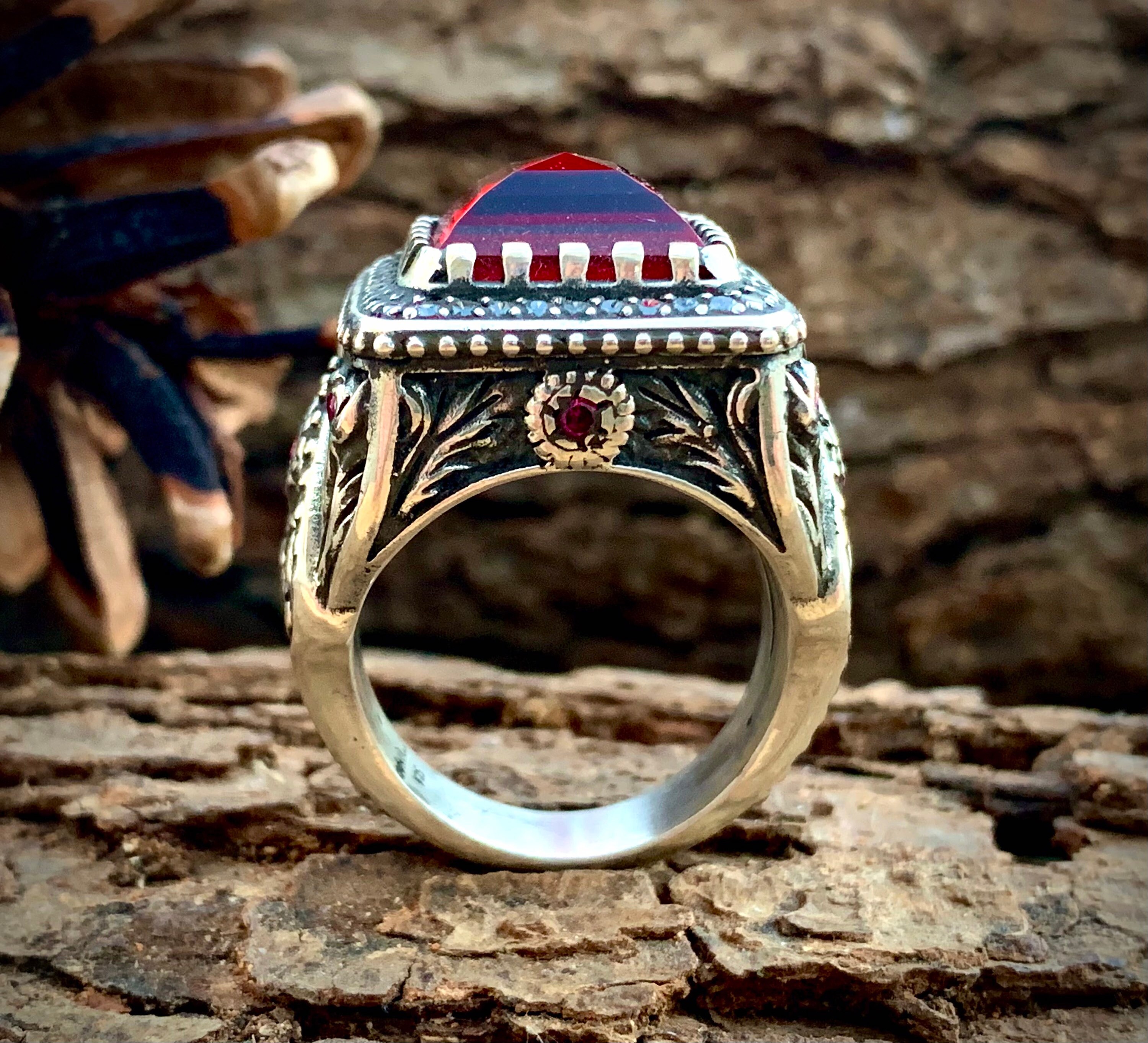 Red Zircon Stones Ring 925 Sterling Silver Ring, Hand Carved Ring Art Deco  Ring, Red Stone Ring for Men Gift for Him Gift for Men - Etsy