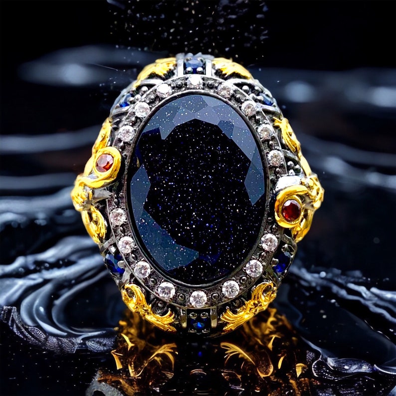 Sword Ring, Natural Aventurin Star Midnight Blue Stone Ring Adjustable Ottoman Jewelry oval gift for ,islam yüzük,حلقة,halqa image 3