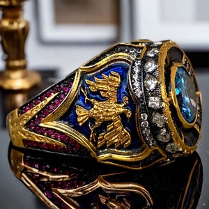 Warrior ring, Double headed eagle, Dark blue enamel, Aquamarine gemstones ring, Men Rings Vintage, Garnet gemstones, Gold plated, 925 Silver