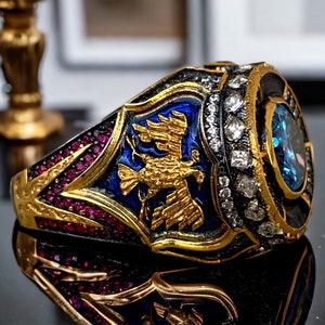 Gold Plated Aquamarine Ring: 925 Silver Byzantine Double Headed Eagle