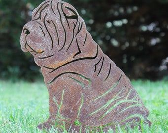 May include: A rusty metal sculpture of a Shar-Pei dog sitting with its head down. The sculpture is detailed with wrinkles and folds in the dog's skin.