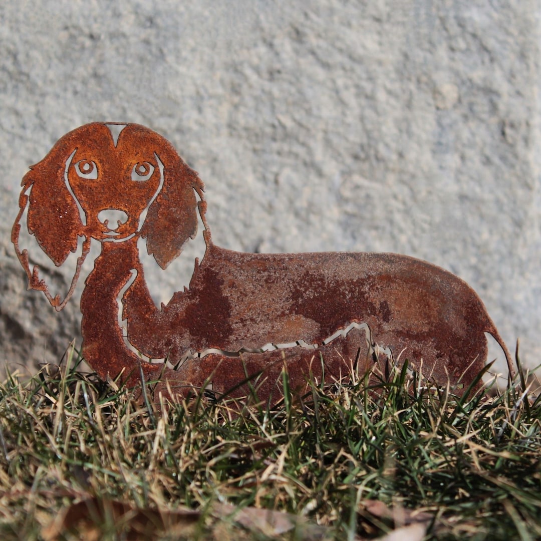 Longhaired Dachshund Corten Steel Dog Silhouette Garden Décor - 6.5 inches