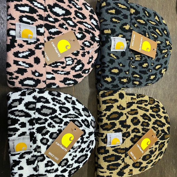 Ready to ship Carhartt white, grey, brown, pink cheetah beanie