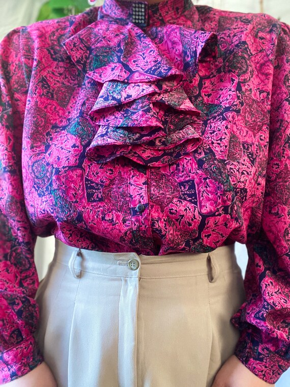 Vintage puff sleeves novelty print blouse