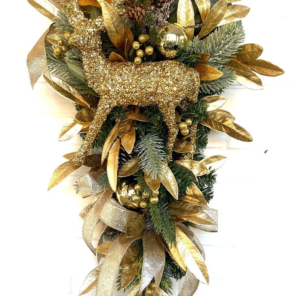 Winter swag, gold swag, elegant Christmas swag, gold deer swag, Christmas decor for door, holiday door swag, mantle decor, holiday decor