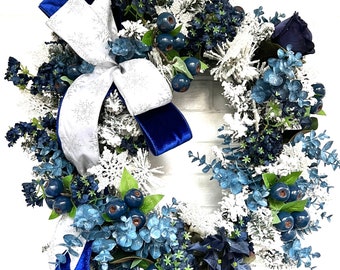 Winter wreath, blue and white Christmas wreath, , above mantle wreath, January wreath, after Christmas wreath