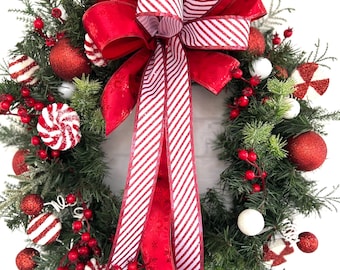 Large Red White Peppermint Snowy Glitter Ornament Christmas Wreath ...
